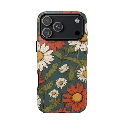 iPhone 17 Pro Max / Glossy Phone Case - Boho Chic Daisies Floral Pattern ’White & Red’ Phone Case