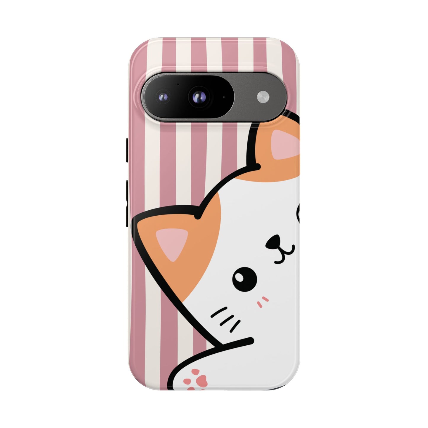 Playful Peakaboo Cat with Pink Stripe Pattern Phone Case - Pink Phone Case - Google Pixel 9 / Glossy