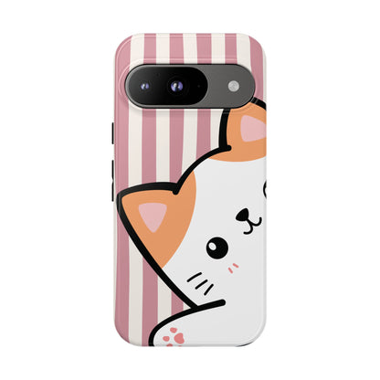 Playful Peakaboo Cat with Pink Stripe Pattern Phone Case - Pink Phone Case - Google Pixel 9 / Glossy