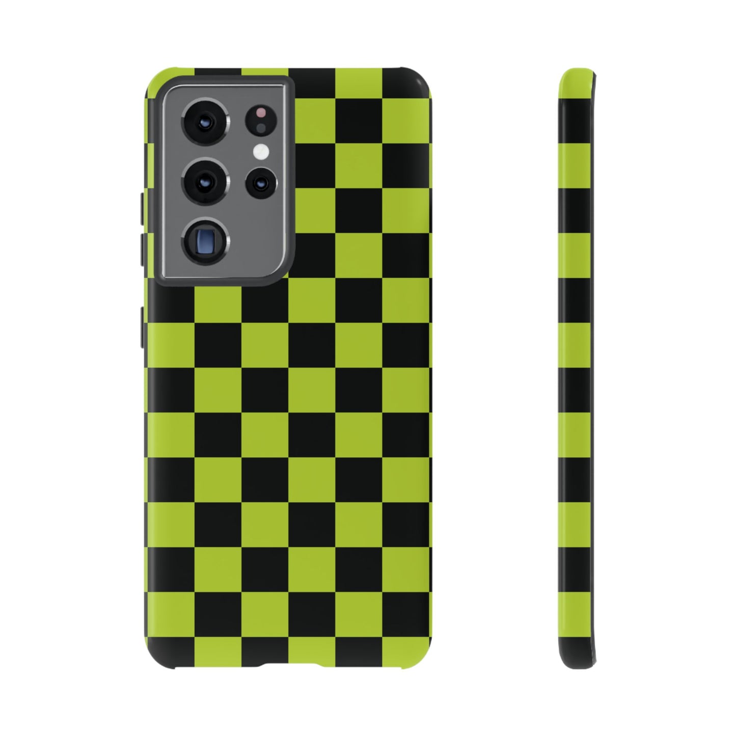 Samsung Galaxy S21 Ultra / Glossy Phone Case - Trendy Neon Lime Green & Black Checked Pattern Phone Case