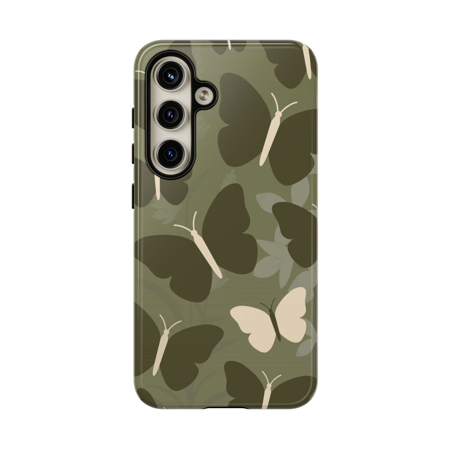 Samsung Galaxy S24 / Glossy Phone Case - Minimalist Olive Green Butterfly Pattern Phone Case
