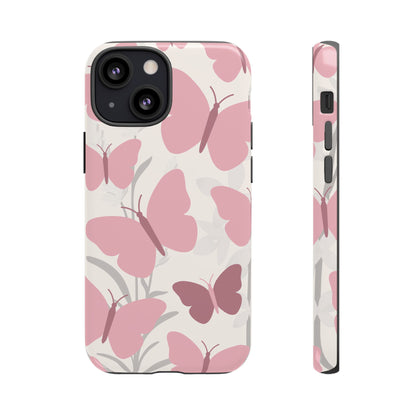 iPhone 13 Mini / Glossy Phone Case - Minimalist Cream & Pink Butterfly Pattern Phone Case
