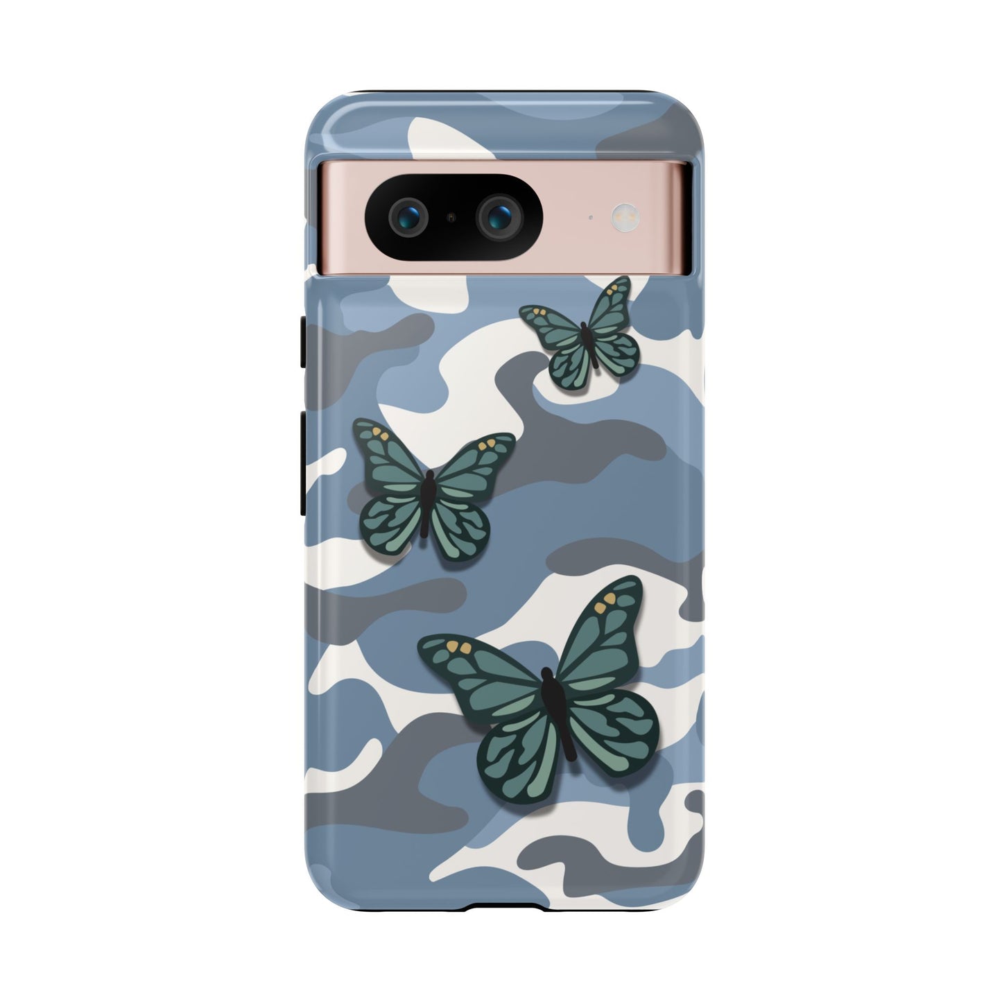 Google Pixel 8 / Glossy Phone Case - Light Blue Butterfly Camo Phone Case