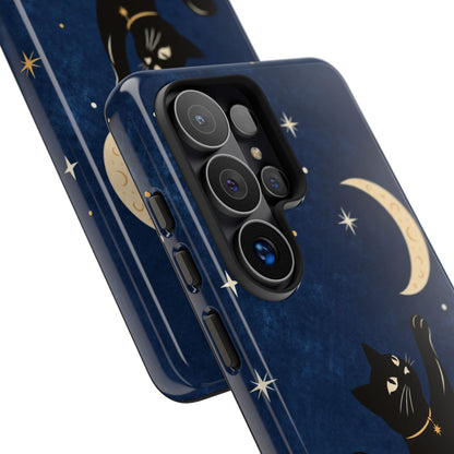 Whimsical Navy Blue Celestial Black Cat Phone Case