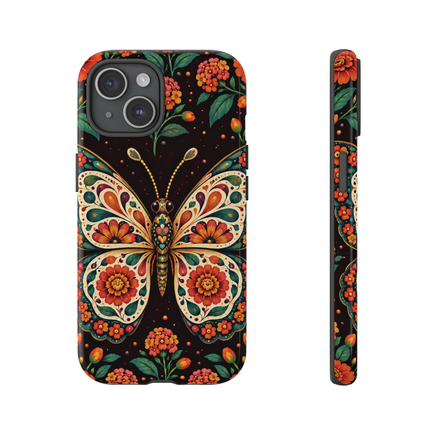 Vibrant Terracotta and Teal Calavera Butterfly Phone Case - Multicolor Phone Case - iPhone 15 / Glossy