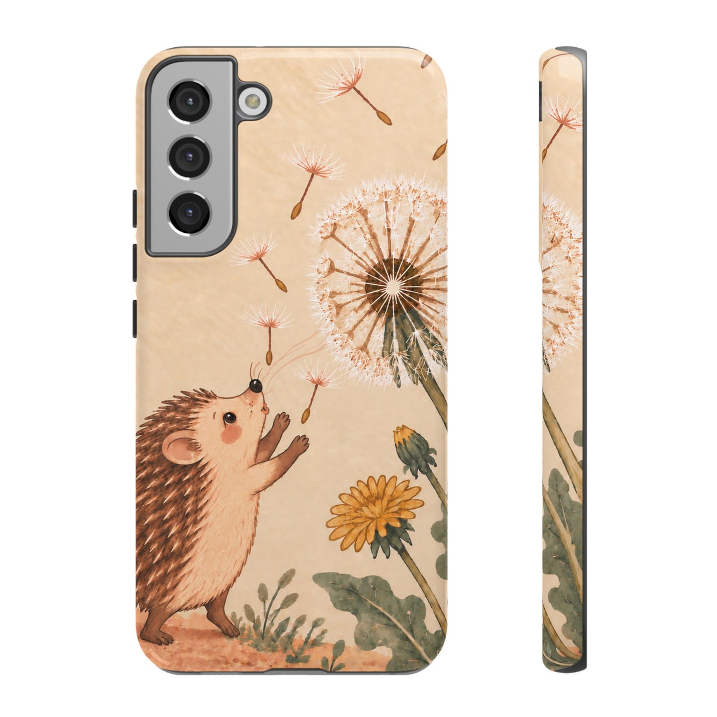 Whimsical Cream Hedgehog and Dandelion Phone Case - White Phone Case - Samsung Galaxy S22 Plus / Glossy