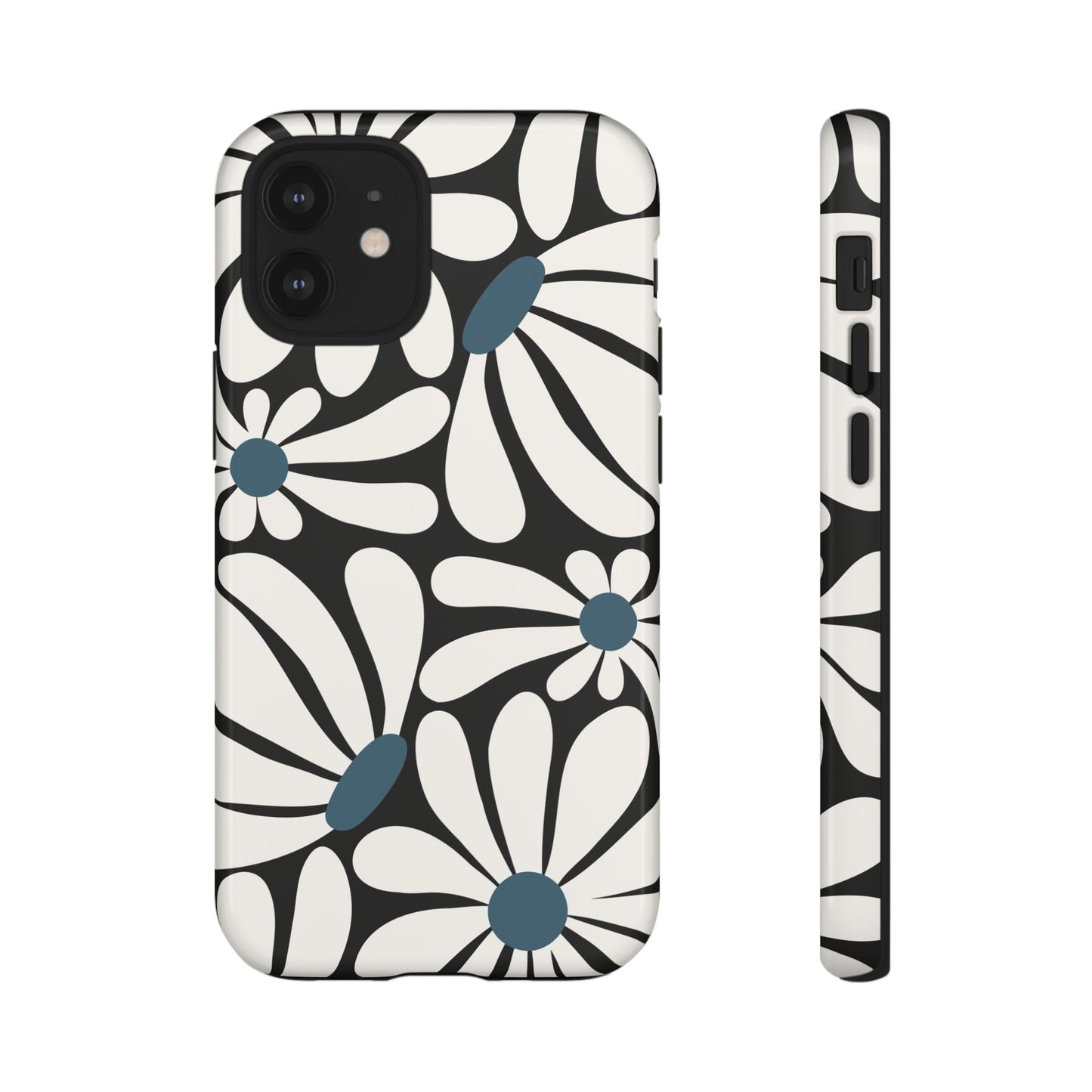 iPhone 12 Mini / Glossy Phone Case - Retro Black Daisy Pattern Phone Case
