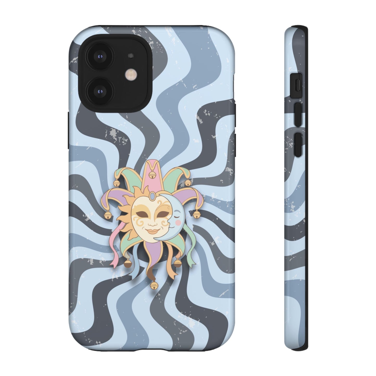 iPhone 12 / Glossy Phone Case - Sun & Moon Jester Mask – Blue Retro Wave Phone Case