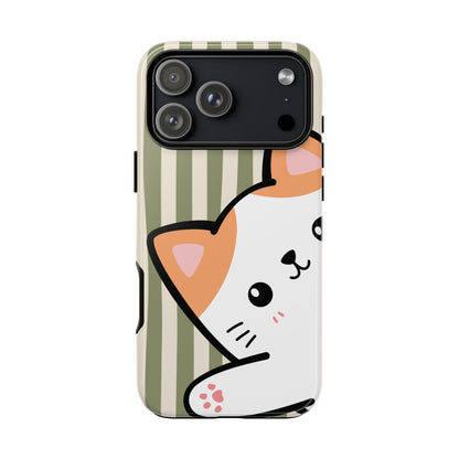 iPhone 17 Pro Max / Glossy Phone Case - Peakaboo Cat with Green Stripe Pattern Phone Case