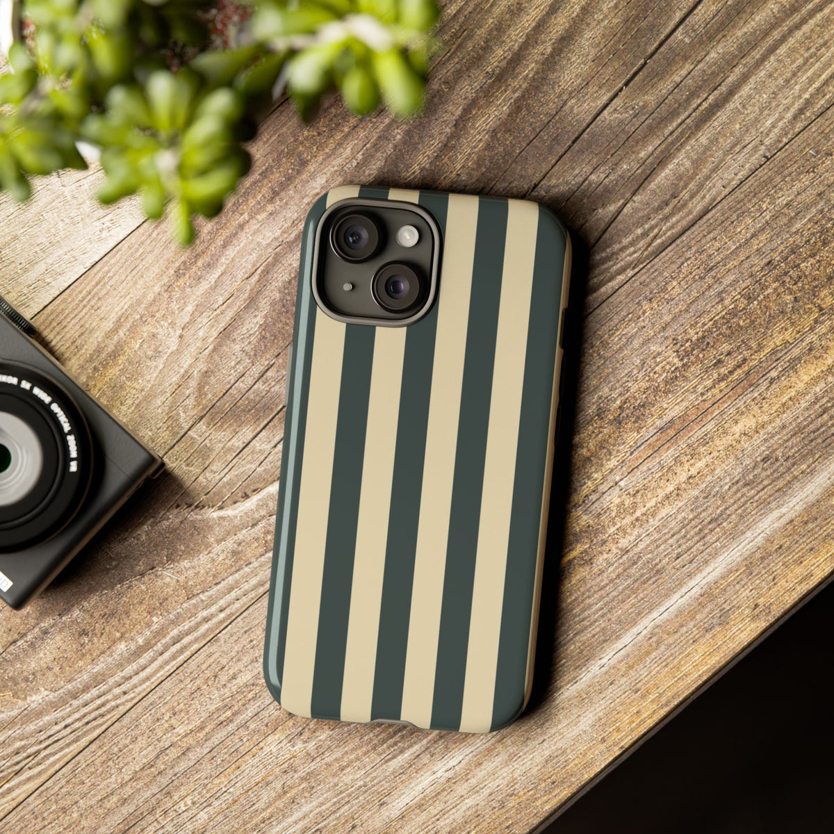 Green & Beige Stripe Pattern Phone Case - Green Phone Case