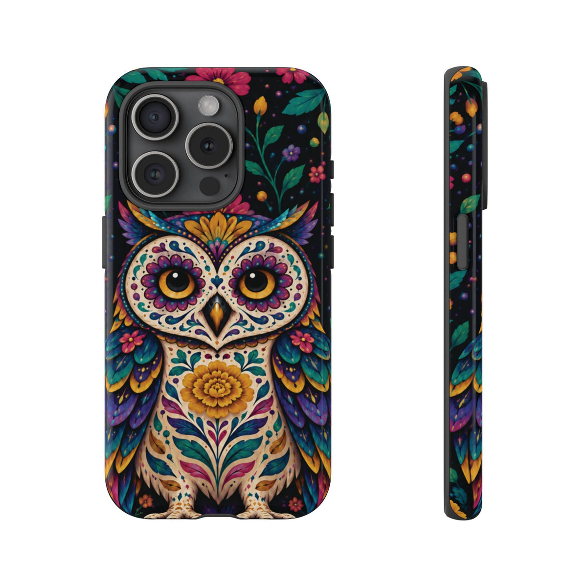 Vibrant Purple and Teal Calavera Owl Phone Case - Multicolor Phone Case - iPhone 15 Pro / Glossy