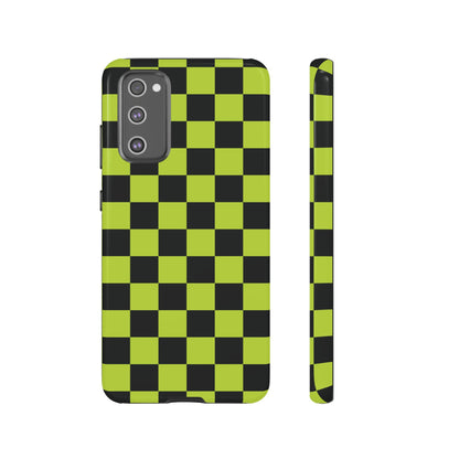 Samsung Galaxy S20 FE / Glossy Phone Case - Trendy Neon Lime Green & Black Checked Pattern Phone Case