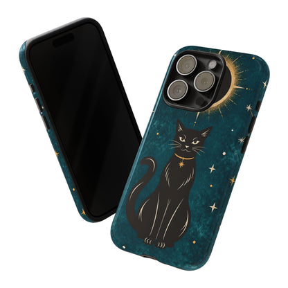 Whimsical Teal Celestial Black Cat Phone Case