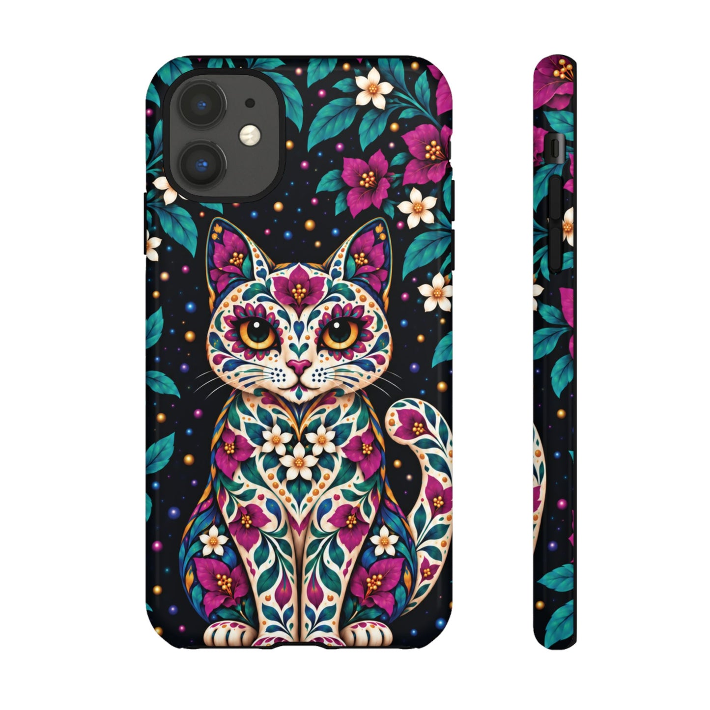 Vibrant Purple and Teal Calavera Cat Phone Case - Multicolor Phone Case - iPhone 11 / Glossy