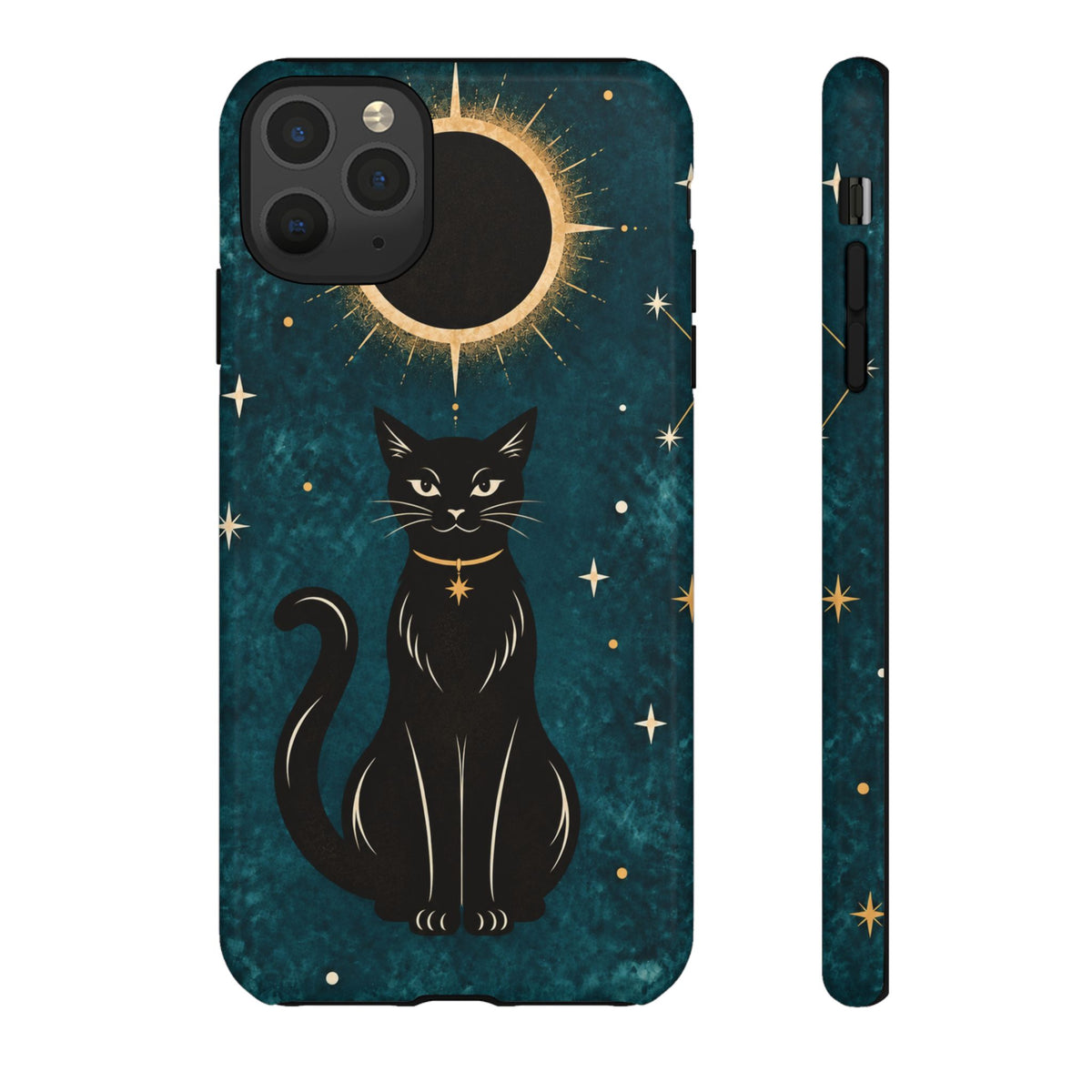 Whimsical Teal Celestial Black Cat Phone Case