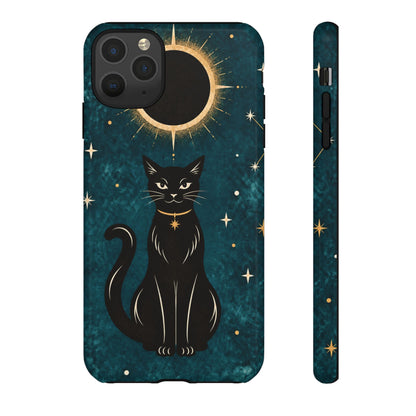 Whimsical Teal Celestial Black Cat Phone Case