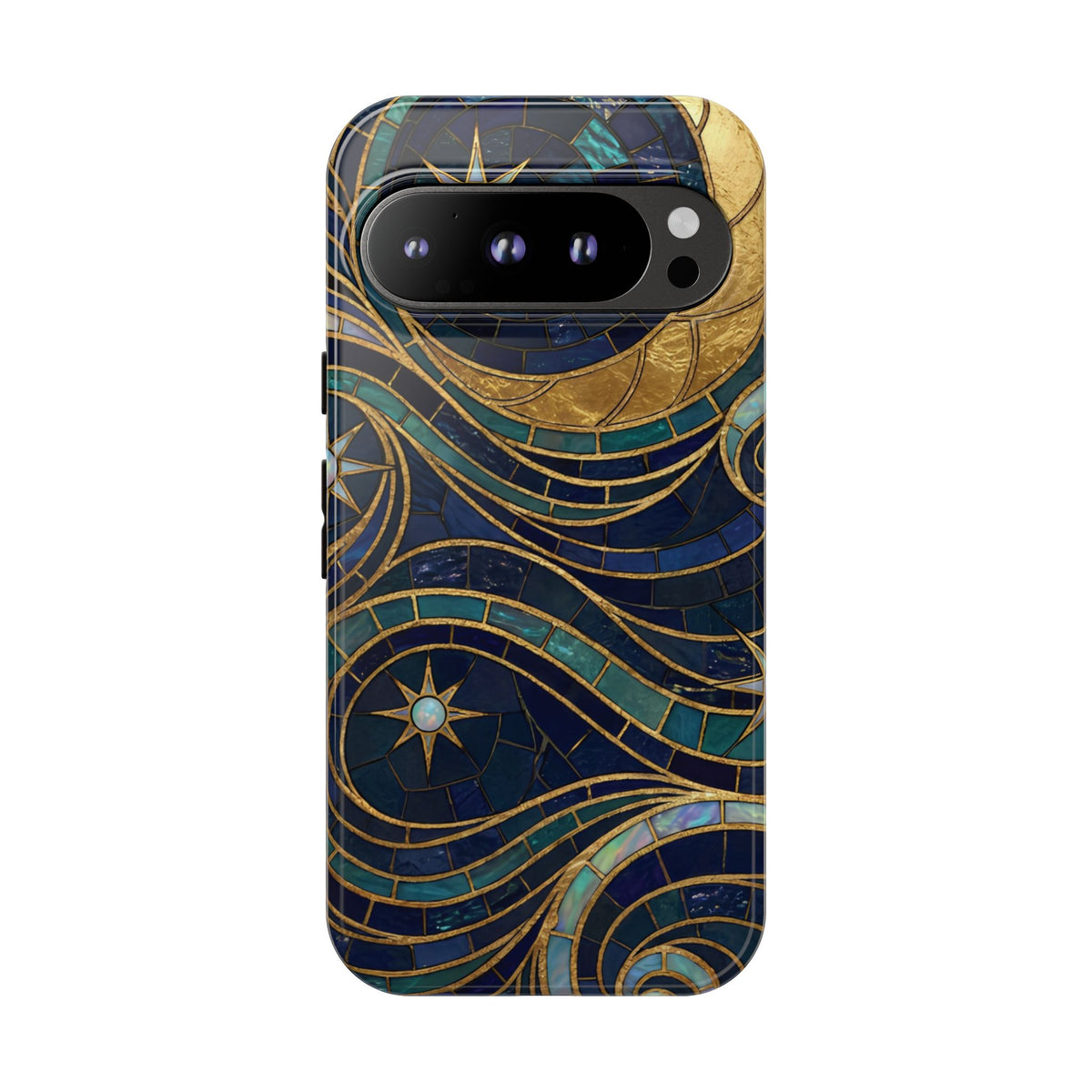 Elegant Navy & Gold Crescent Moon Mosaic Phone Case