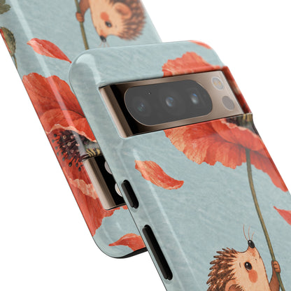 Whimsical Pale Blue Hedgehog and Poppy Phone Case - Blue Phone Case