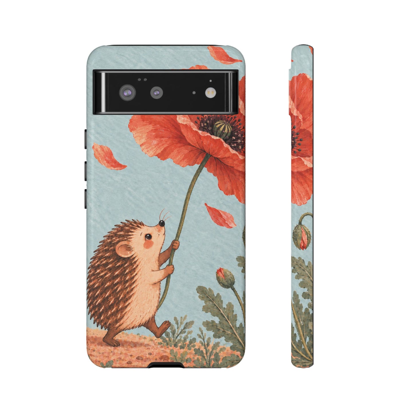 Whimsical Pale Blue Hedgehog and Poppy Phone Case - Blue Phone Case - Google Pixel 6 / Glossy