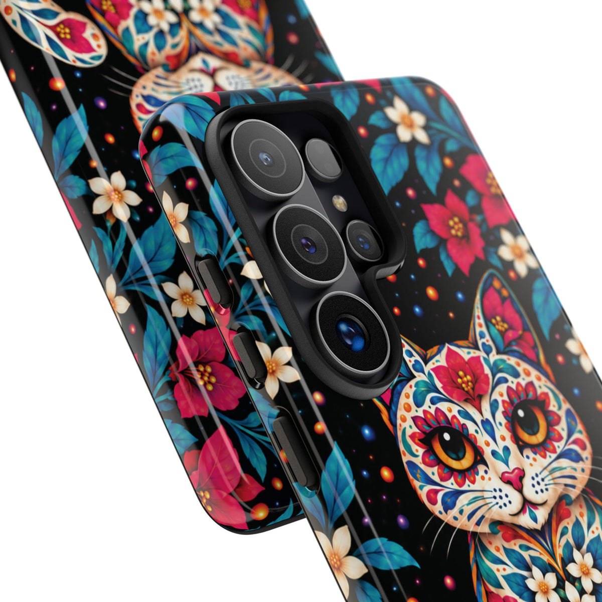 Vibrant Pink and Turquoise Calavera Cat Phone Case - Multicolor Phone Case