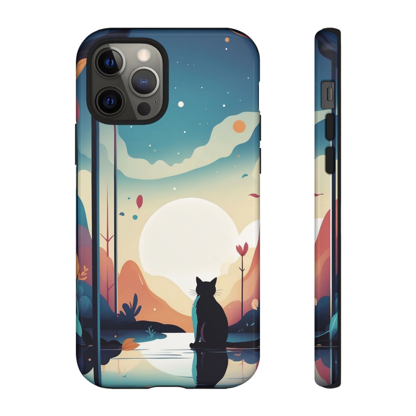 iPhone 12 Pro / Glossy Phone Case - Stylised Cat & Moon Design Phone Case