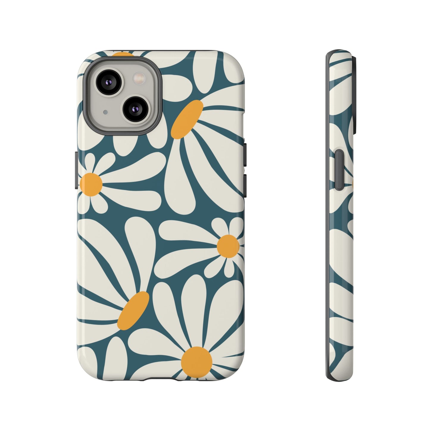 iPhone 14 / Glossy Phone Case - Retro Blue Daisy Pattern Phone Case