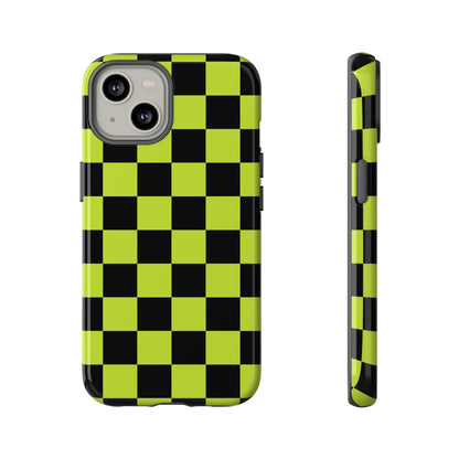 Trendy Neon Lime Green & Black Checked Pattern Phone Case - Green Phone Case - iPhone 14 / Glossy