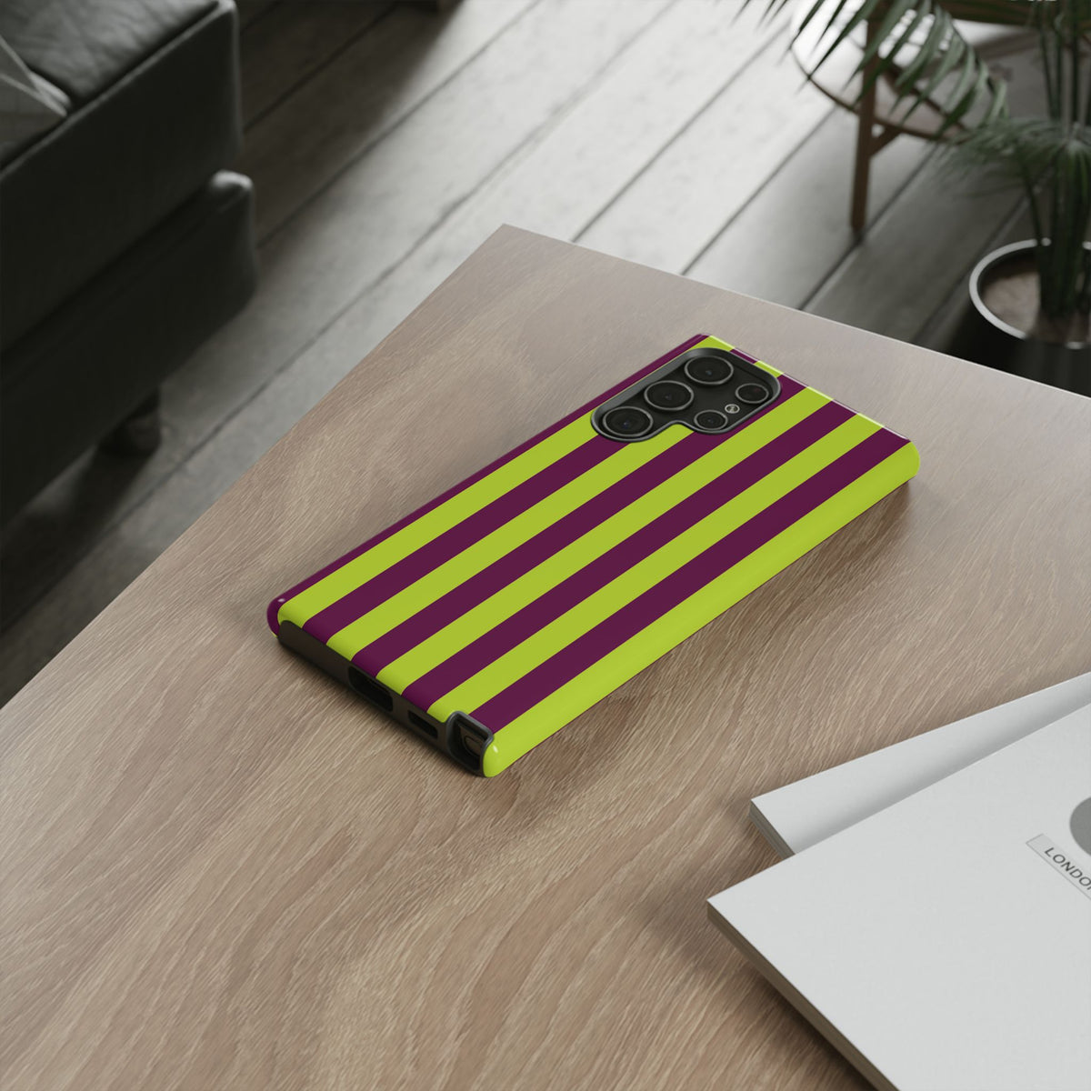Trendy Neon Lime Green & Plum Stripe Pattern Phone Case - Green Phone Case