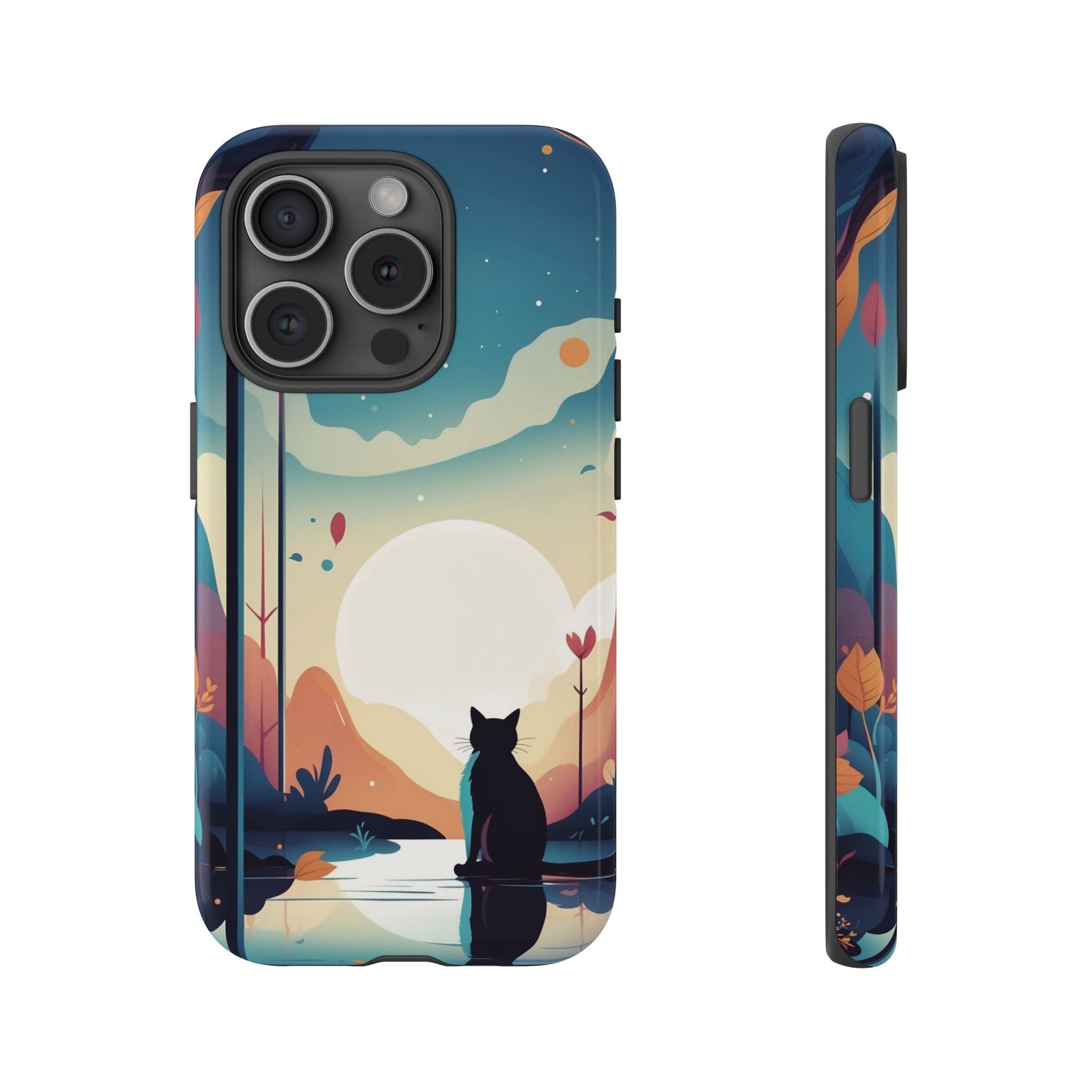 Stylised Cat & Moon Design Phone Case - Multicolor Phone Case - iPhone 15 Pro / Glossy