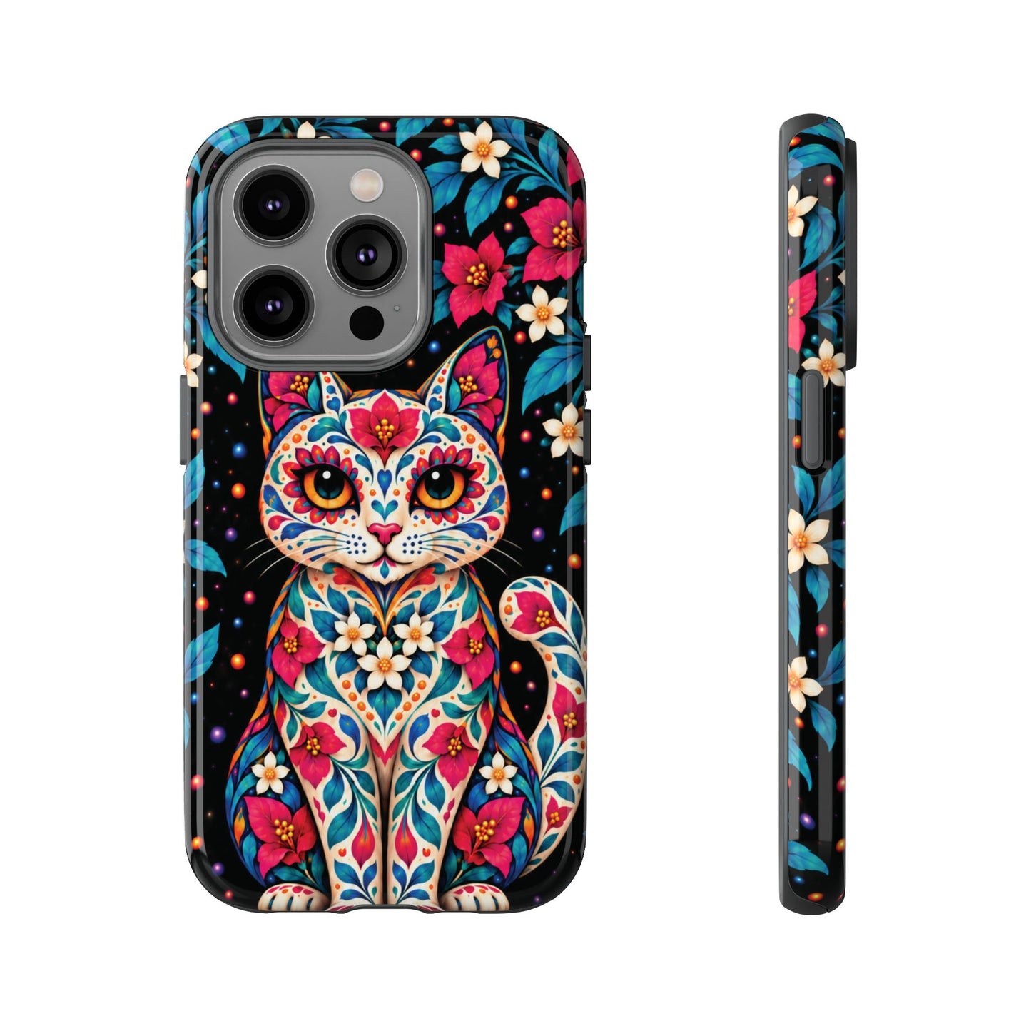 Vibrant Pink and Turquoise Calavera Cat Phone Case - Multicolor Phone Case - iPhone 14 Pro / Glossy