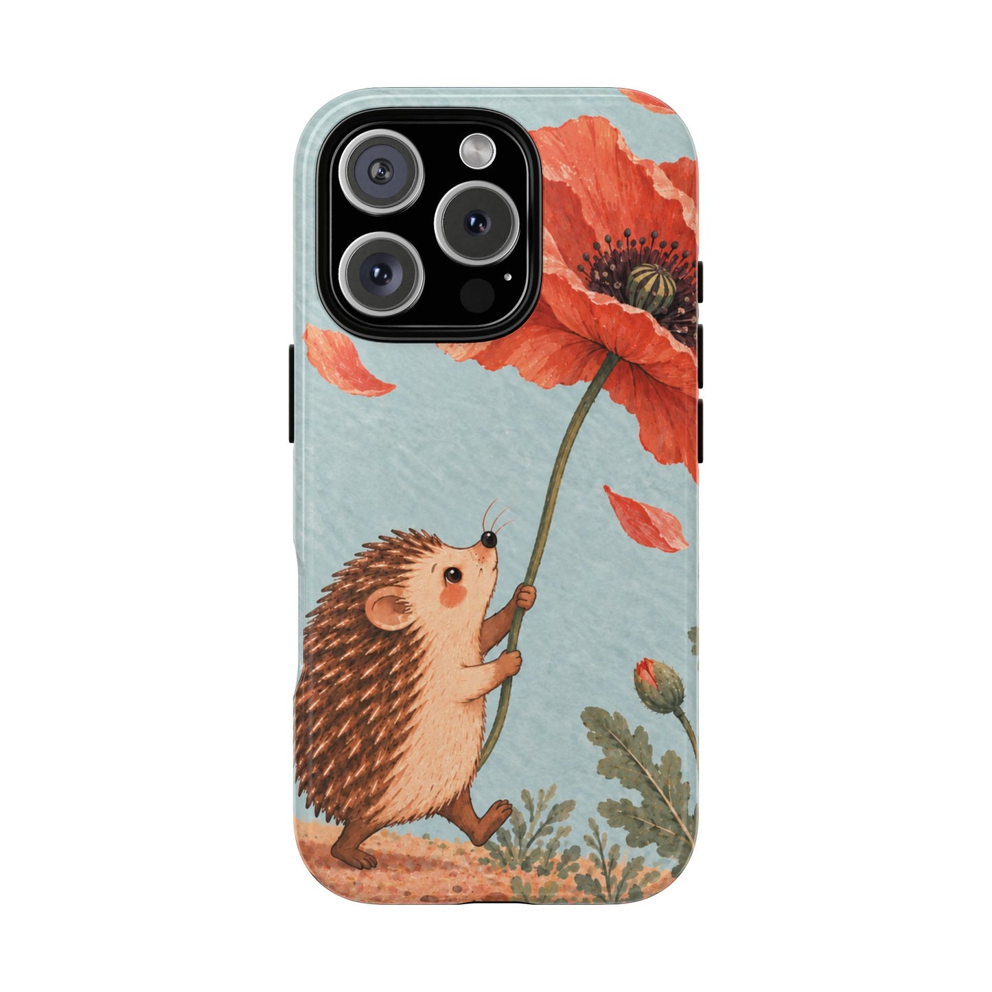 Whimsical Pale Blue Hedgehog and Poppy Phone Case - Blue Phone Case - iPhone 16 Pro / Glossy