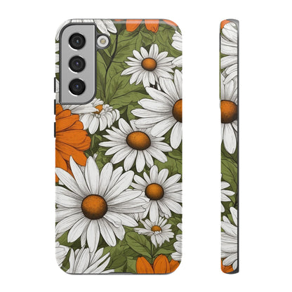 Samsung Galaxy S22 Plus / Glossy Phone Case - Boho Chic Daisies Floral Pattern ’White Orange & Green’ Phone Case