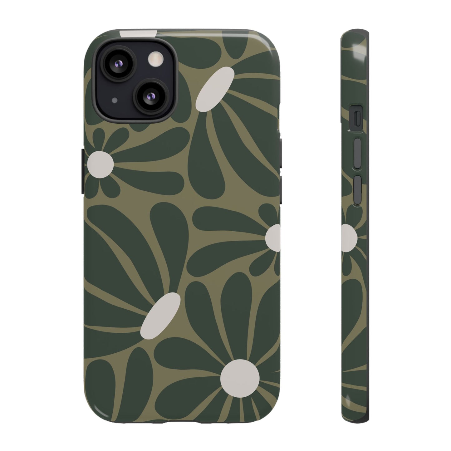 iPhone 13 / Glossy Phone Case - ’Retro Olive Green Daisy Pattern’ Phone Case