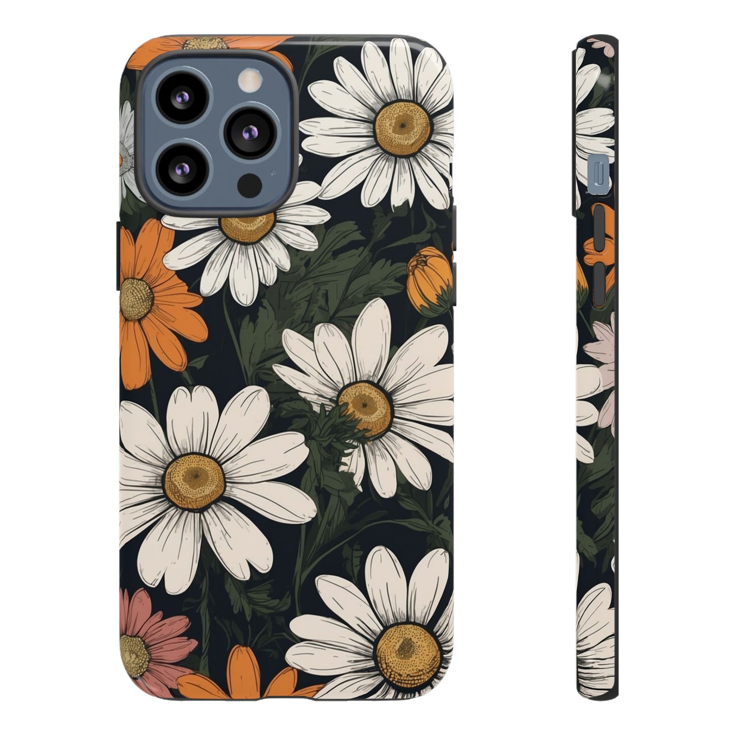 iPhone 13 Pro Max / Glossy Phone Case - Boho Chic Daisies Floral Pattern ’White Orange & Pink’ Phone Case