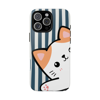 Playful Peakaboo Cat with Blue Stripe Pattern Phone Case - Blue Phone Case - iPhone 16 Pro Max / Glossy