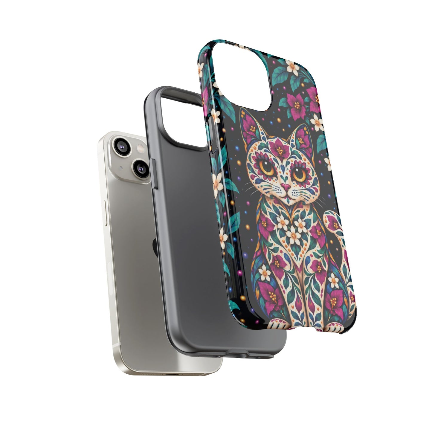 Vibrant Purple and Teal Calavera Cat Phone Case - Multicolor Phone Case
