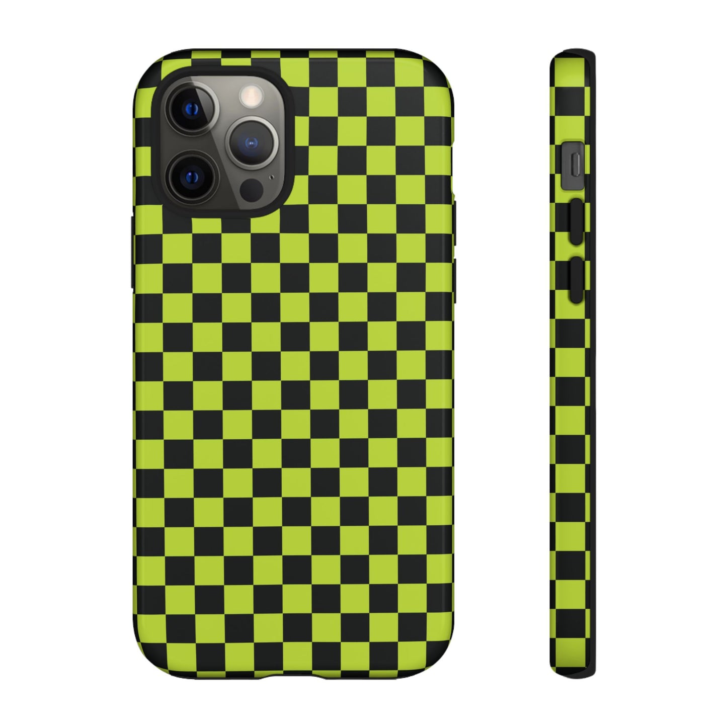 iPhone 12 Pro / Glossy Phone Case - Trendy Neon Lime Green & Plum Small Checked Pattern Phone Case