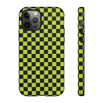 iPhone 12 Pro / Glossy Phone Case - Trendy Neon Lime Green & Plum Small Checked Pattern Phone Case