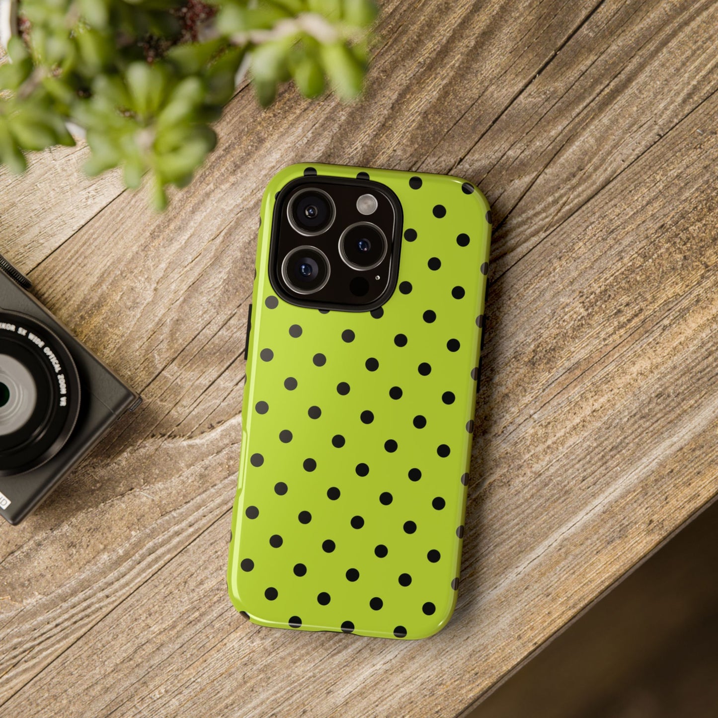 Trendy Neon Lime Green & Black Dot Pattern Phone Case