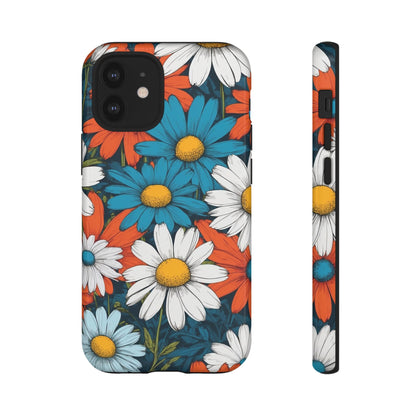 iPhone 12 Mini / Glossy Phone Case - Pop Art Daisies Illustration ’Red & Blue’ Phone Case