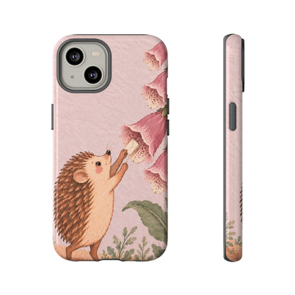 Whimsical Blush Pink Hedgehog and Foxglove Phone Case - Pink Phone Case - iPhone 14 / Glossy