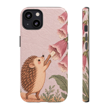 Whimsical Blush Pink Hedgehog and Foxglove Phone Case - Pink Phone Case - iPhone 13 / Glossy