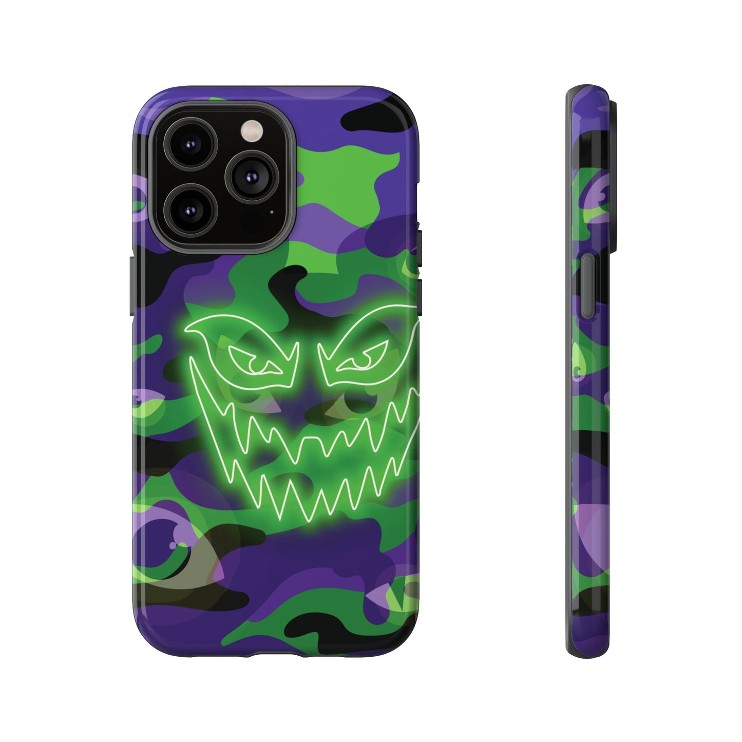 iPhone 14 Pro Max / Glossy Phone Case - Green & Purple Neon Face Camo Phone Case