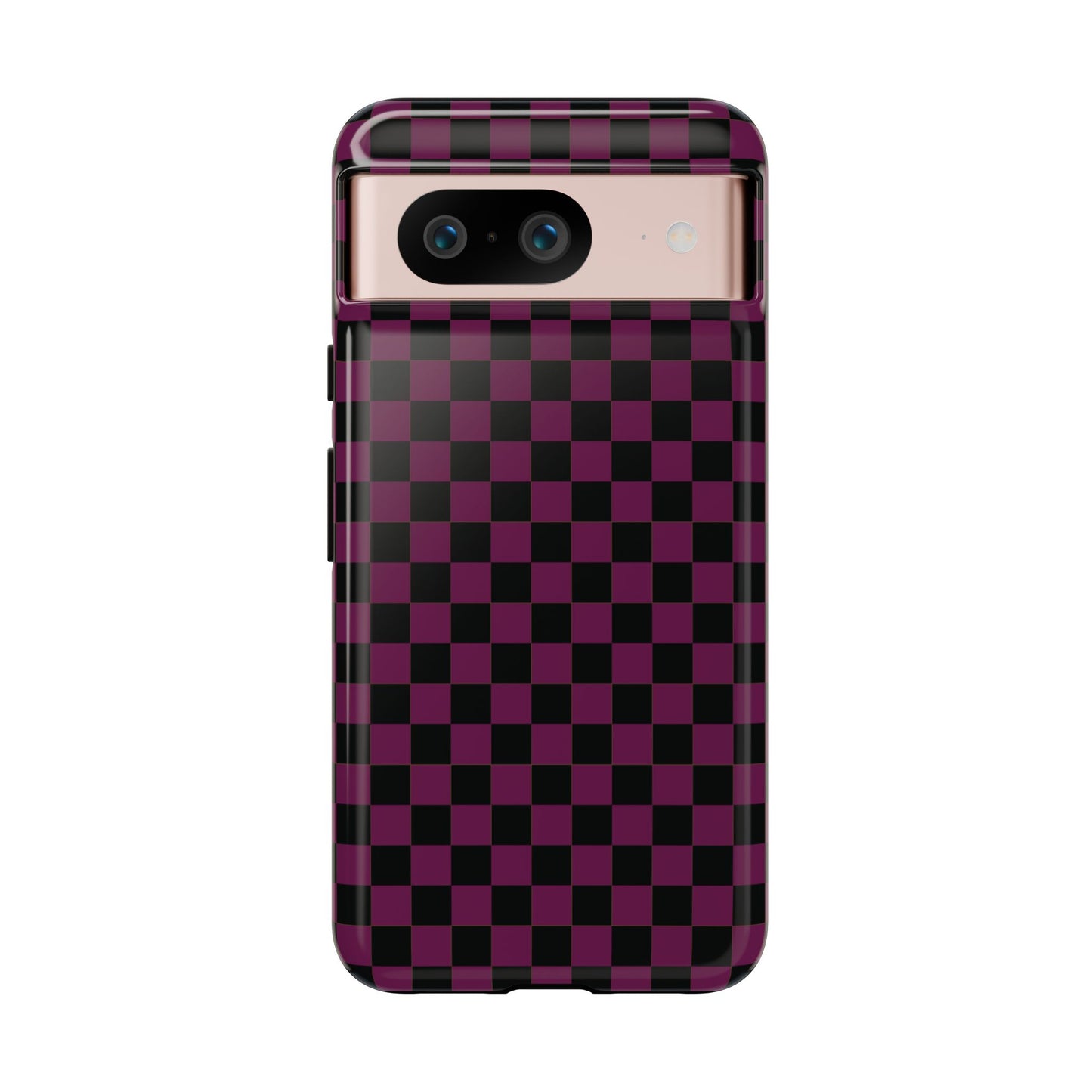 Google Pixel 8 / Glossy Phone Case - Trendy Plum & Black Small Checked Pattern Phone Case