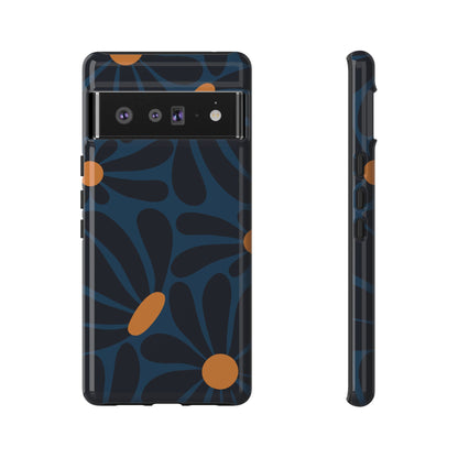 Dark Blue & Orange Daisy Pattern Phone Case - Blue Phone Case - Google Pixel 6 Pro / Glossy