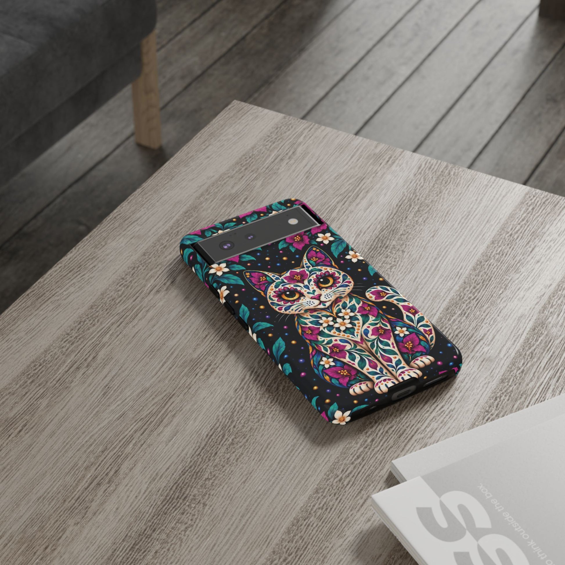 Vibrant Purple and Teal Calavera Cat Phone Case - Multicolor Phone Case
