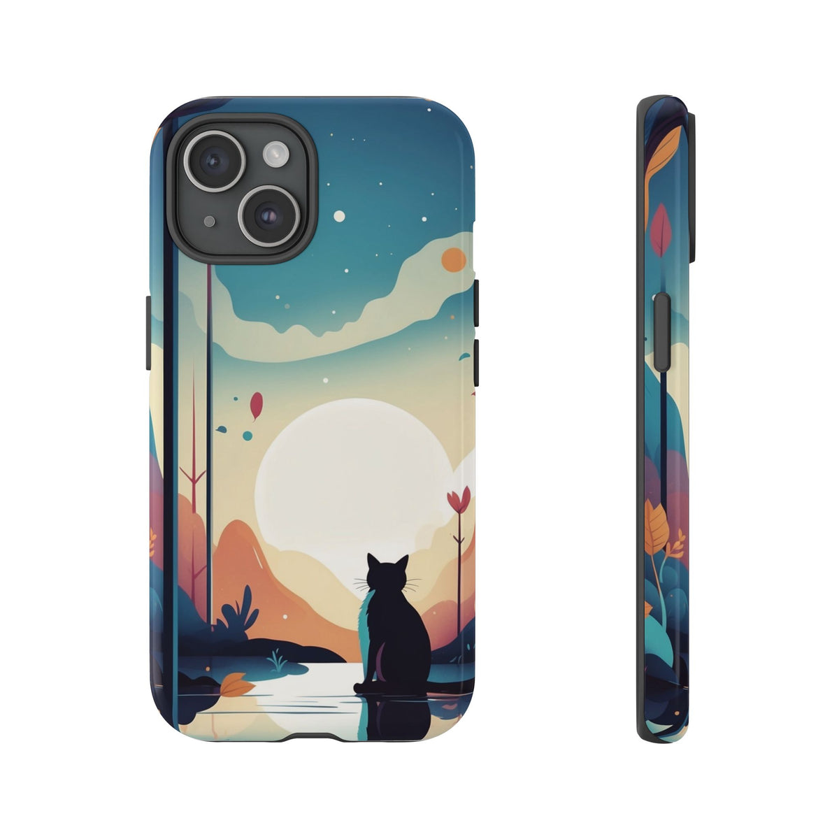 Stylised Cat & Moon Design Phone Case - Multicolor Phone Case - iPhone 15 / Glossy