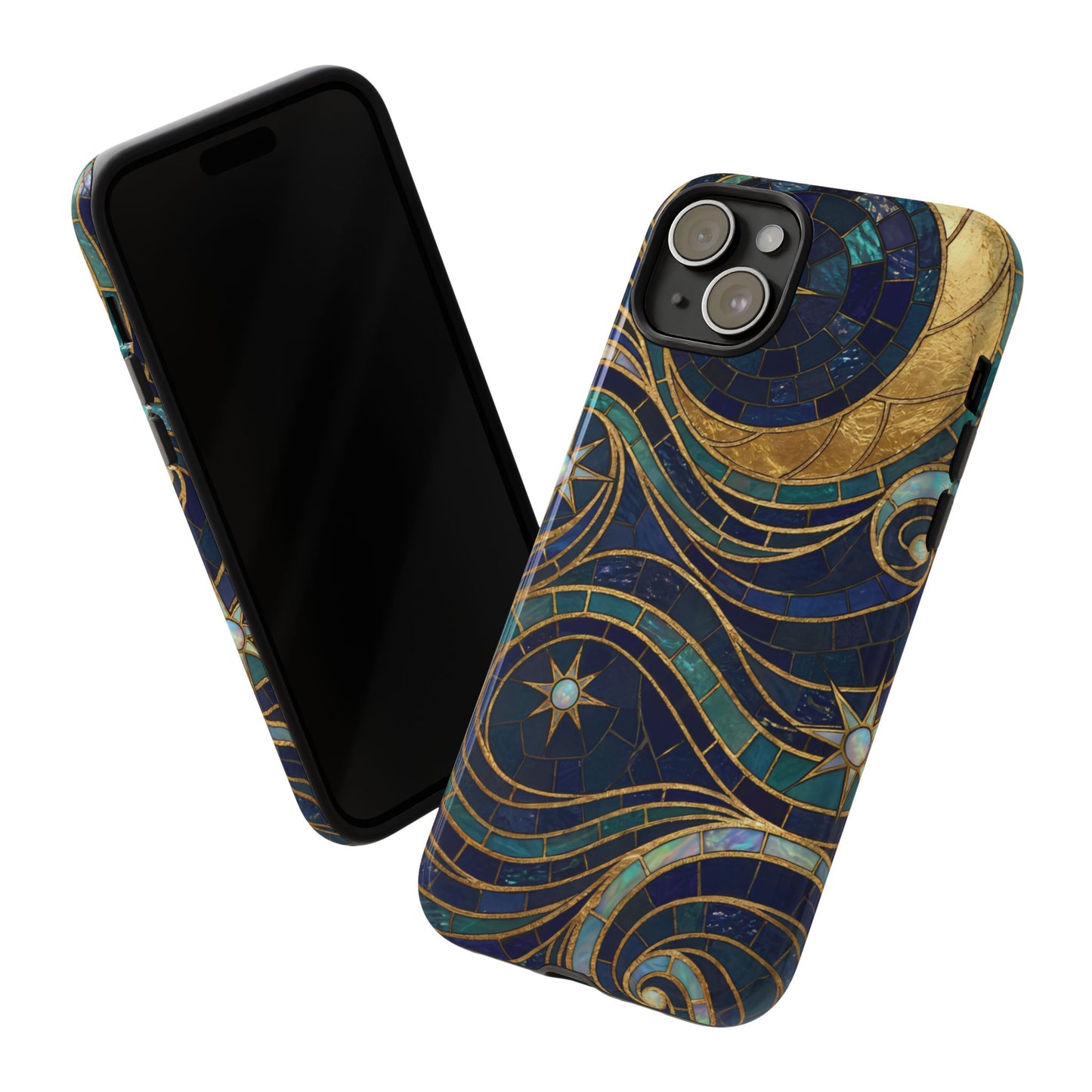 Elegant Navy & Gold Crescent Moon Mosaic Phone Case