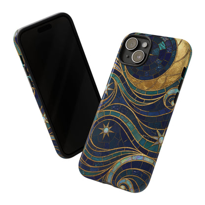Elegant Navy & Gold Crescent Moon Mosaic Phone Case
