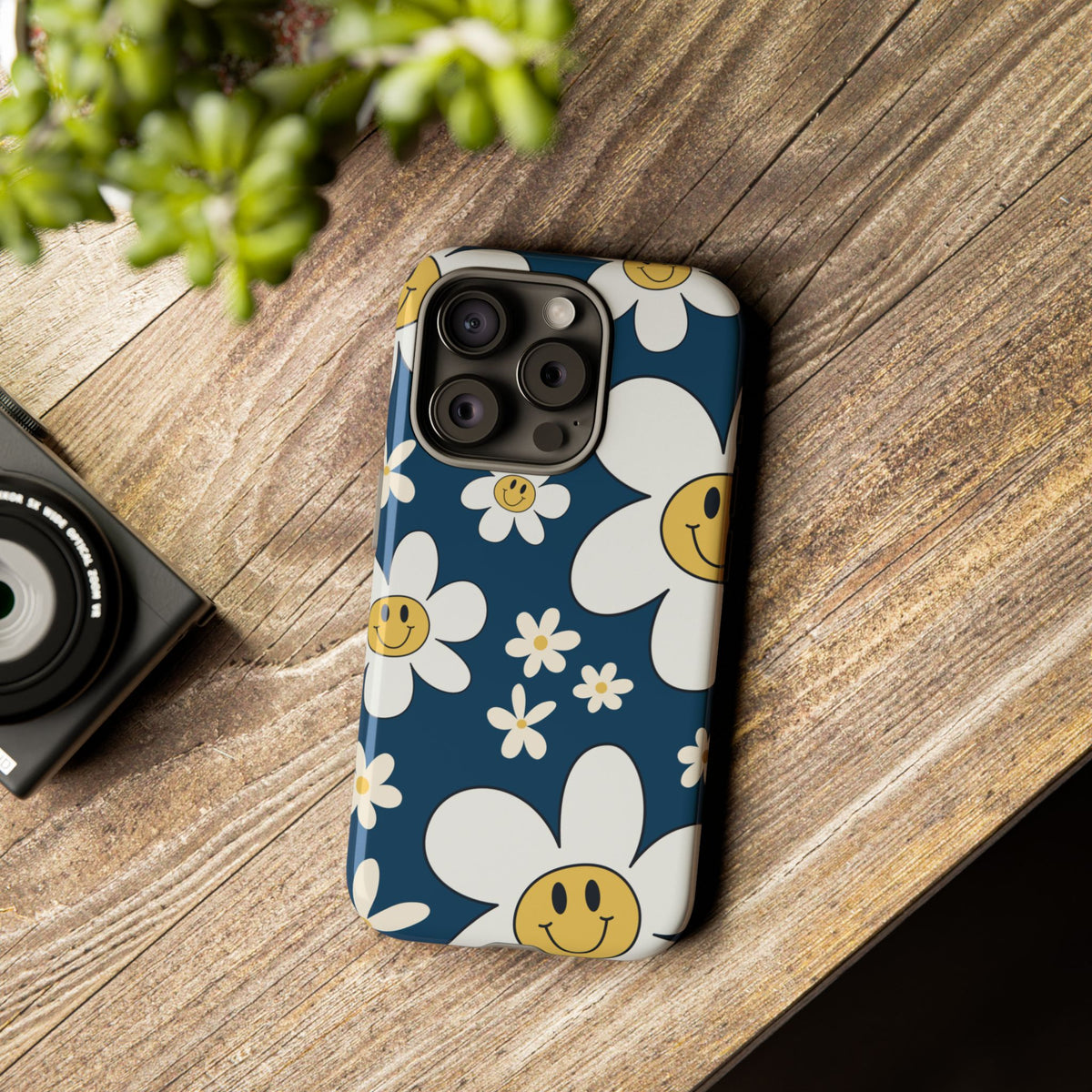 Fun Retro Daisy Pattern with Blue Background Phone Case - Blue Phone Case